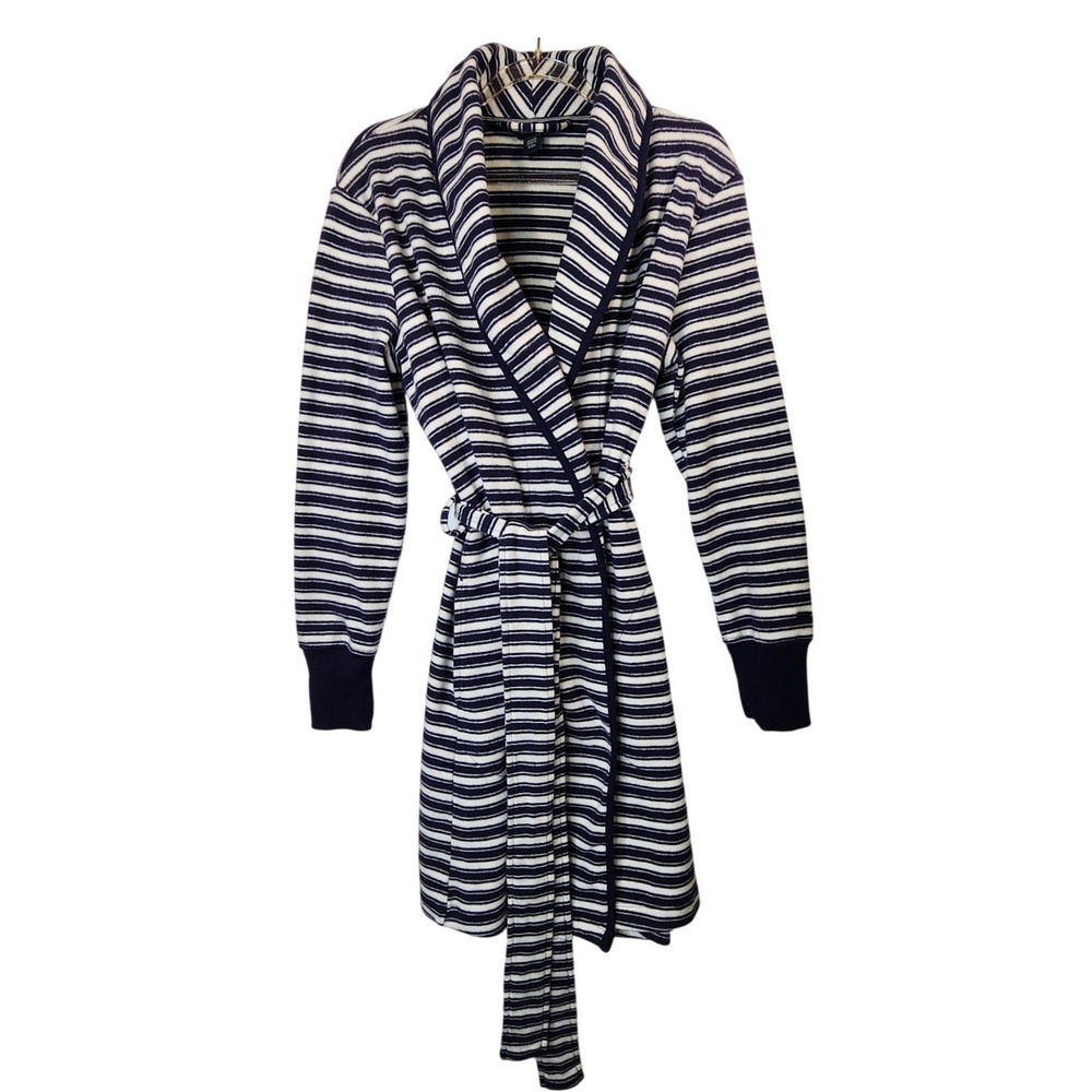 Nautica Robe S Blue White Striped Fleece Preppy Coastal Nautical Loungewear